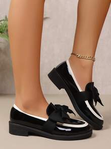 Women's Commuting Black & White Contrast Bow Decor Flat Shoes, British School Style Slip-On Loafers, Casual Mid-Heel Sneakers, Versatile For Daily Wear, Suitable For Size 35-44, Autumn/Winter & All Season - Black - View 6