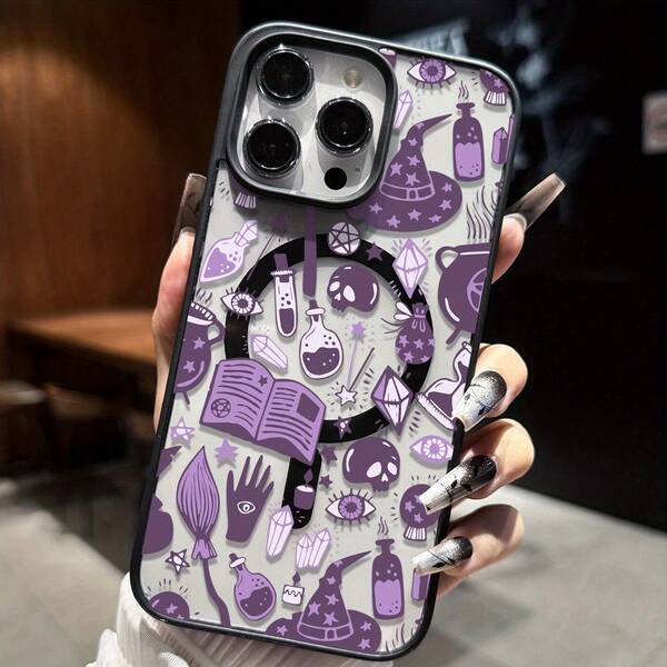 1 Peça Capa de Telefone Acrílica Transparente Compatível com iPhone 17/16 Pro, Nova Capa Magnética 17/16, Galaxy S23/24, S15 Pro/14 Pro Anti-Queda, Silicone Rígido, com Gráfico de Esqueleto Completo de Halloween, Chapéu de Bruxa, Livro