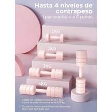 Juego de 2 Mancuernas Ajustables, Juego de Aancuernas de Peso Libre 4 en 1 para Mujer, Cada Una de 1 kg, 2 kg, 3 kg, 4 kg con de Goma Suave ABS para Perfecto para Hacer Ejercicio en Casa - Rosa - Ver 4