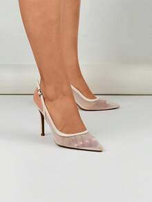 French Pointed Toe Mesh Closed Toe Thin Heel Comfortable Breathable Buckle Strap Fashionable Elegant Sandals - White - View 1