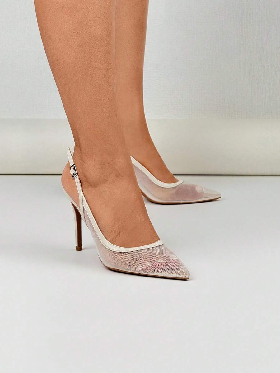 French Pointed Toe Mesh Closed Toe Thin Heel Comfortable Breathable Buckle Strap Fashionable Elegant Sandals - White - View 1