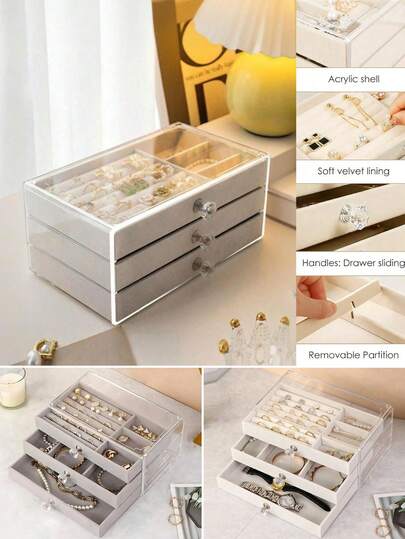 1pc Acrylic Flannel Three-Layer Drawer Jewelry Box, Large Capacity Portable Jewelry Storage Box, Transparent Jewelry Storage Box, Desktop Storage Drawer Box, Dressing Table Jewelry Storage Box, Display Box, Can Hold Rings, Earrings, Necklaces And Stud Earrings, Great For Valentine's Day Gifts, Travel Or Back To School, Ideal Christmas Gift, Valentine's Day Gift