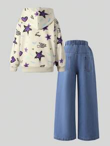 Girls Casual Loose Outdoor Apricot Heart & Star Print Hoodie Sweatshirt And Blue Heart & Star Print Jeans Set, Autumn - Khaki - View 6