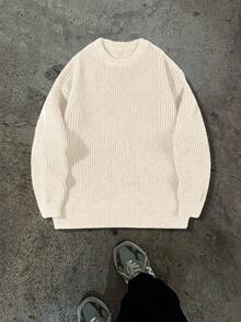 Lightweight Casual Textured Knit Sweater, Loose Fit Round Neck Pullover, Unisex Design, Autumn/Winter - Apricot - View 5
