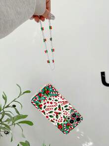 1 pieza Funda de teléfono a prueba de golpes con diseño navideño de TPU blanco y 1 pieza Correa de teléfono con cristales rojos y verdes y perlas falsas, compatible con/a juego con fundas de teléfono para Android///OPPO/Galaxy A51 4G/Galaxy A52/A52s 5G/Galaxy S23 Ultra/Galaxy A13 4G/Galaxy A12/Galaxy S22 Ultra/OPPO A54/Galaxy A54/Galaxy A04E/Galaxy A05S/Galaxy A34/Galaxy S24 Ultra 5G/Redmi Note 13/Galaxy A14/Galaxy A32 4G