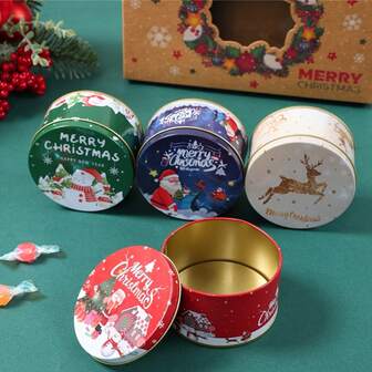 6pcs Christmas Round Candy Metal Tin Boxes, Santa Claus, Snowman, Reindeer Pattern Candy Gift Boxes, Christmas Metal Tins, Christmas Decorations, Party Favor Containers, Best Choice