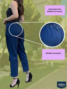 Women's Jeans, Lightweight Fabric, Elastic Waistband, Drawstring, High Waist, Office, Casual - 深藍色 - 查看 7