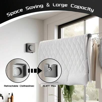1pc Retractable Clothesline, Space-Saving Wall-Mounted Indoor/Outdoor Drying Rack, Suitable For Home/Balcony/Hotel/Bathroom, Multi-Functional Hanging Accessory, Retractable Indoor Clothesline, Non-Sagging Outdoor Clothes Drying Line For Heavy Garments, Stainless Steel Wall-Mounted Drying Rack, Clothesline Hanger, Portable Travel Retractable Clothesline