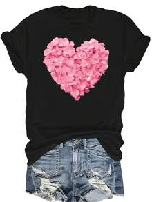 Camiseta con estampado floral en forma de corazón para mujer y unisex, de verano, casual, transpirable, con cuello redondo, manga corta, estilo urbano y versátil, adecuada para adolescentes y adultos - Negro - Ver 1