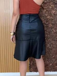 Women's Midi Skirt, Leatherette, Elegant Evangelical Fashion Style - Negro - Ver 2