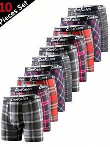 10pcs/Pack New Fashionable Plaid Print Men's Boxer Briefs, Long Length, Quick Dry, Elastic, Thin, Breathable