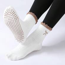 Non Slip Pilates Socks For Women - Cute Ruffle Yoga Socks With Grip, Embroidery Pattern - 棕色 - 查看 5