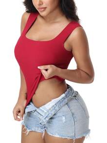 Women's Built-In Bra Tank Top Ribbed Slim Fit Wirefree Shelf Padded Tank Shirts Wide-Strap Square Neck Undershirt - Màu Đỏ Sâu - Xem 8