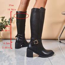 2025年新款女士方跟过膝长靴，修身版型，欧美时尚高跟长靴，及膝长靴，经典靴子，秋季，冬季，秋季，性感纯黑色，仿皮，适合派对、办公室、度假、春秋季 - 黑色 - 查看 5