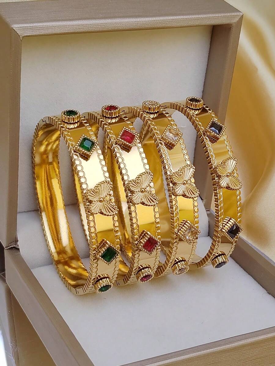 4 件/套 18K 镀金不锈钢蝴蝶手链，适合女性日常佩戴，波西米亚风格，镶嵌彩色方晶锆石，大方个性化奢华黄金首饰，婚礼腕饰套装，女孩、女士、妈妈、亲戚、朋友，美丽的婚礼、生日、母亲节、女朋友情人节礼物 - 彩色 - 查看 1