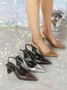 Women's Silver High Heel Pumps, Thick Heel Formal Dress Shoes, Slip-On Block Heel Backless Sandals With Buckle And Slingback - Silver - View 2