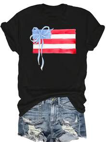 Camiseta de mujer con estampado de bandera estadounidense para el 4 de julio, de estilo casual y transpirable, con cuello redondo y manga corta, adecuada para adolescentes y adultos - Negro - Ver 1