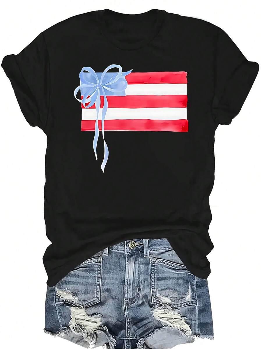 Camiseta de mujer con estampado de bandera estadounidense para el 4 de julio, de estilo casual y transpirable, con cuello redondo y manga corta, adecuada para adolescentes y adultos - Negro - Ver 1