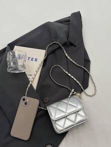 Túi vuông mini hình thoi có dây đeo có thể điều chỉnh, Túi đeo vai nữ, Túi đeo chéo có dây xích, Túi chần bông, Túi mini nhẹ, Thích hợp để đi làm, Thường ngày, Phối đồ hàng ngày, Hẹn hò, Công sở, Sinh viên - Bạc - Xem 10