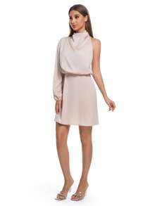 女士缎面迷你单肩鸡尾酒会礼服，优雅修身腰部派对礼服，适合春、夏、秋季、婚礼宾客、伴娘 - 杏色 - 查看 8