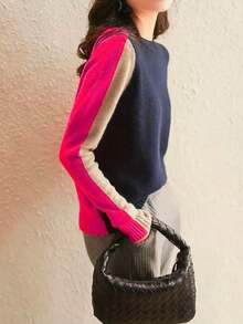 Women's Elegant Warm Knit Pullover Top, Versatile Color Block Long Sleeve, Suitable For Spring, Autumn, Winter - Hot Pink - View 4
