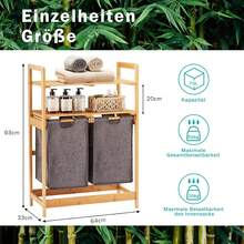 YOUDENOVA Wäschekorb aus Bambus-Gestell,Wäschesammler mit 2 Ablagen mit 2 Ausziehbaren Wäschesäcken für Schlafzimmer Bad oder Waschküche 93x64x33cm Grau - Schwarz - Übersicht 2