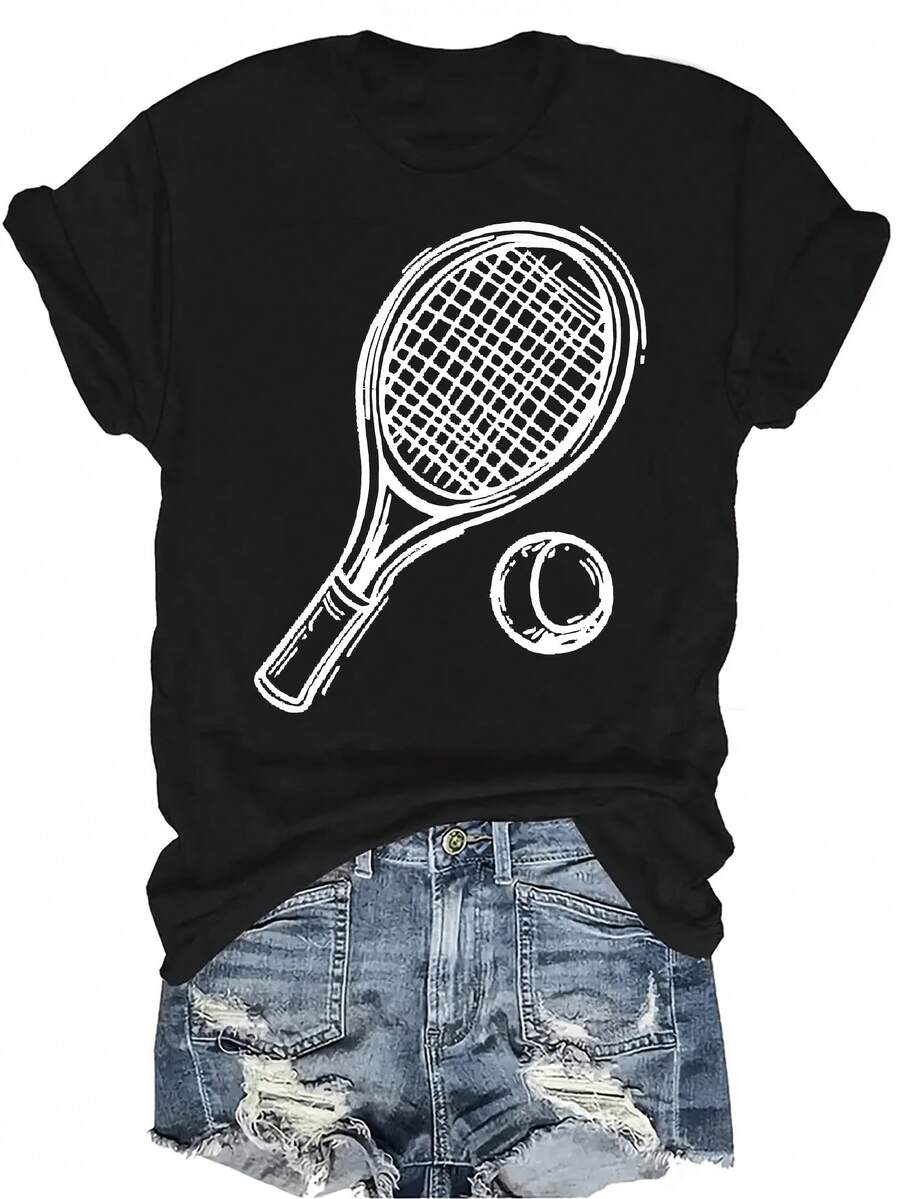 Camiseta de tenis para mujer, unisex, de verano, casual, transpirable, con personalidad, cuello redondo, manga corta, ropa de calle, versátil, adecuada para adolescentes y adultos - Negro - Ver 1
