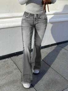 Women's Low-Rise Flared Jeans Stretch Trousers Double-Button Fly Butt-Lifting Pockets Sexy Y2K Retro Style Date Outfit - Grey - View 4