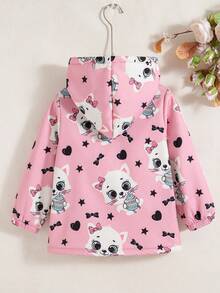 女童休闲户外时尚印花卡通图案常规版型拉链连帽抓绒外套，秋冬季带保暖内衬