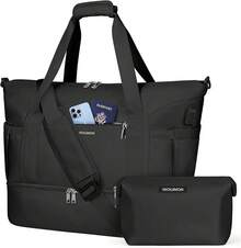 IGOLUMON Bolsa de Viaje para Mujer Hombre Bolsa Deportiva Expandiblede 2 Piezas Maleta de Mano con Compartimento para Zapatos y Bolsillo Impermeable - Negro - Ver 13