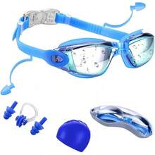 Equipo de gafas de natación 5 en 1: gafas de natación antivaho con protección UV con gorro de natación, tapones para los oídos, clip para la nariz, estuche para gafas para adultos y jóvenes - Azul - Ver 1
