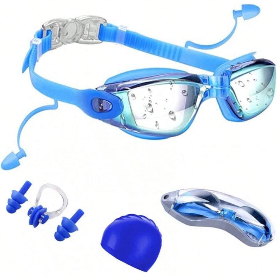 Equipo de gafas de natación 5 en 1: gafas de natación antivaho con protección UV con gorro de natación, tapones para los oídos, clip para la nariz, estuche para gafas para adultos y jóvenes - Azul - Ver 1