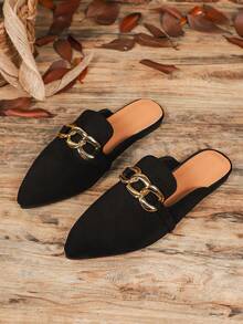 A Pair Of Casual And Comfortable Women's Half-Mule Flats With Metal Chain. Perfect For Everyday Wear Or Just Hanging Out At Home.