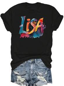 Camiseta estampada de LiSA para mujer y unisex, de verano, casual, transpirable, con cuello redondo, manga corta, estilo urbano y versátil, adecuada para adolescentes y adultos - Negro - Ver 1