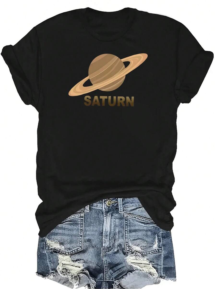 Camiseta con patrones interesantes para mujer y unisex, de verano, casual, transpirable, con cuello redondo, manga corta, estilo urbano y versátil, adecuada para adolescentes y adultos - Negro - Ver 1