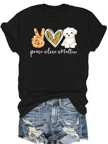 Camiseta de perro Maltés para amantes de los perros Malteses con diseño de paz, amor y diversión. Camiseta de verano unisex casual y transpirable con cuello redondo y manga corta, adecuada para adolescentes y adultos. - Negro - Ver 1