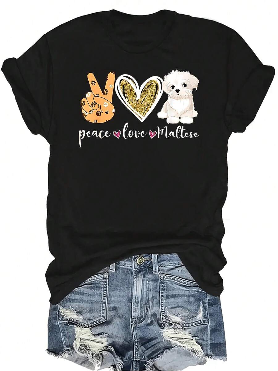 Camiseta de perro Maltés para amantes de los perros Malteses con diseño de paz, amor y diversión. Camiseta de verano unisex casual y transpirable con cuello redondo y manga corta, adecuada para adolescentes y adultos. - Negro - Ver 1