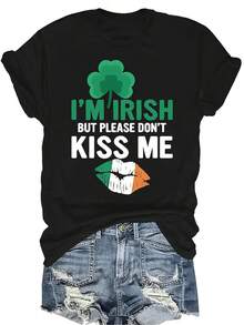 Camiseta "Soy irlandés, pero por favor no me beses" para el Día de San Patricio, para mujeres y unisex, de verano, casual, transpirable, con personalidad, cuello redondo, manga corta, ropa de calle, versátil, adecuada para adolescentes y adultos - Negro - Ver 1