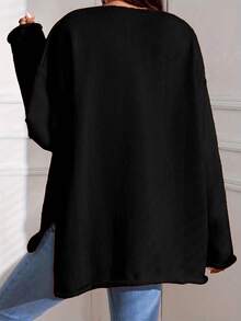 1 pièce Pull femme à épaules tombantes, col V, ourlet asymétrique fendu, couleur unie, manches longues, pour le printemps/l'automne/l'hiver - Noir - Voir 3