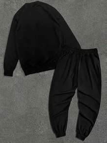 VMPVMP Men's Fashion  Heartbroken  Printed 2-Piece Set, Round Neck Sweatshirt And Pants, Polyester, Athletic Style, Stretch Knit, Regular Fit, Autumn /Winter Collection - 黑色 - 查看 2
