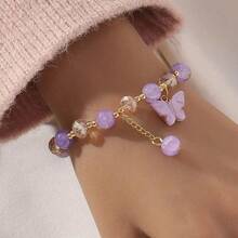 1pc Butterfly Student Bracelet Forest Series Fresh And Cute Crystal Jewelry, Glass Explosion Flower Handmade Bracelet - 紫色 - 查看 6
