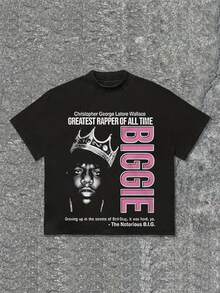 Men's "BIGGIE Greatest Rapper" Portrait Graphic T-Shirt, Comfortable Casual Short Sleeve, Suitable For All Seasons, 220 Grams Heavyweight Cotton Printed T-Shirt - màu đen - Xem 1