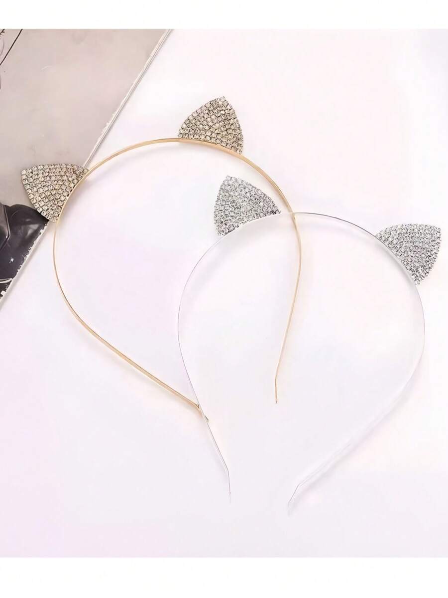 1 pièce Serre-tête à perles avec oreilles de chat et petits diamants, accessoire de cheveux mignon pour fille, accessoire de voyage, bandeau, festival, fête - Multicolore - Voir 1