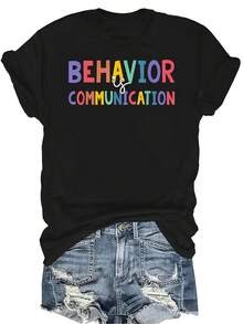 Camiseta de mujer Beor Communication, unisex, de verano, casual, transpirable, con personalidad, cuello redondo, manga corta, camiseta de calle, versátil, adecuada para adolescentes y adultos - Negro - Ver 1