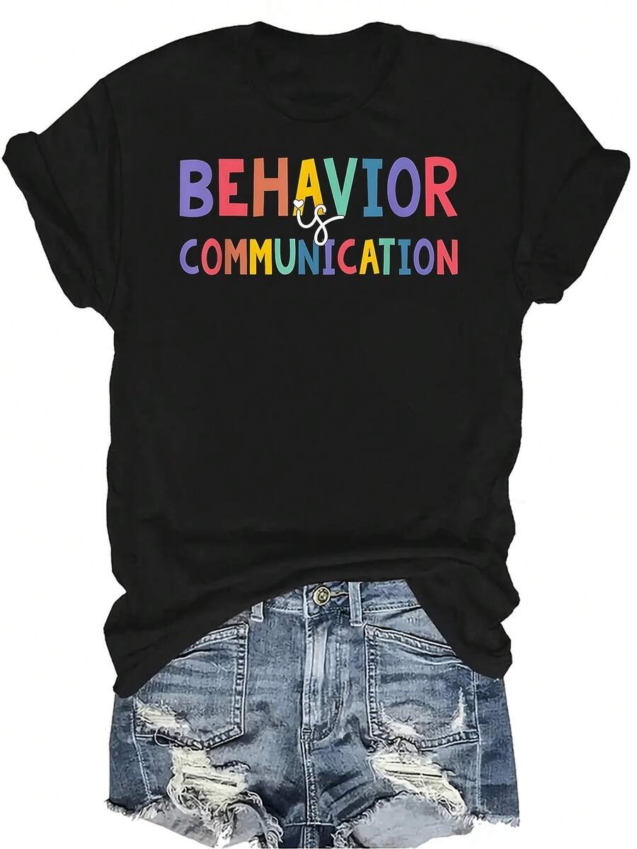 Camiseta de mujer Beor Communication, unisex, de verano, casual, transpirable, con personalidad, cuello redondo, manga corta, camiseta de calle, versátil, adecuada para adolescentes y adultos - Negro - Ver 1