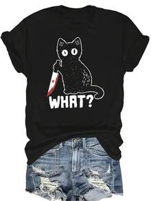Camiseta divertida de gato negro para mujer y unisex, de verano, casual, transpirable, con personalidad, cuello redondo, manga corta, ropa de calle, versátil, adecuada para adolescentes y adultos - Negro - Ver 1