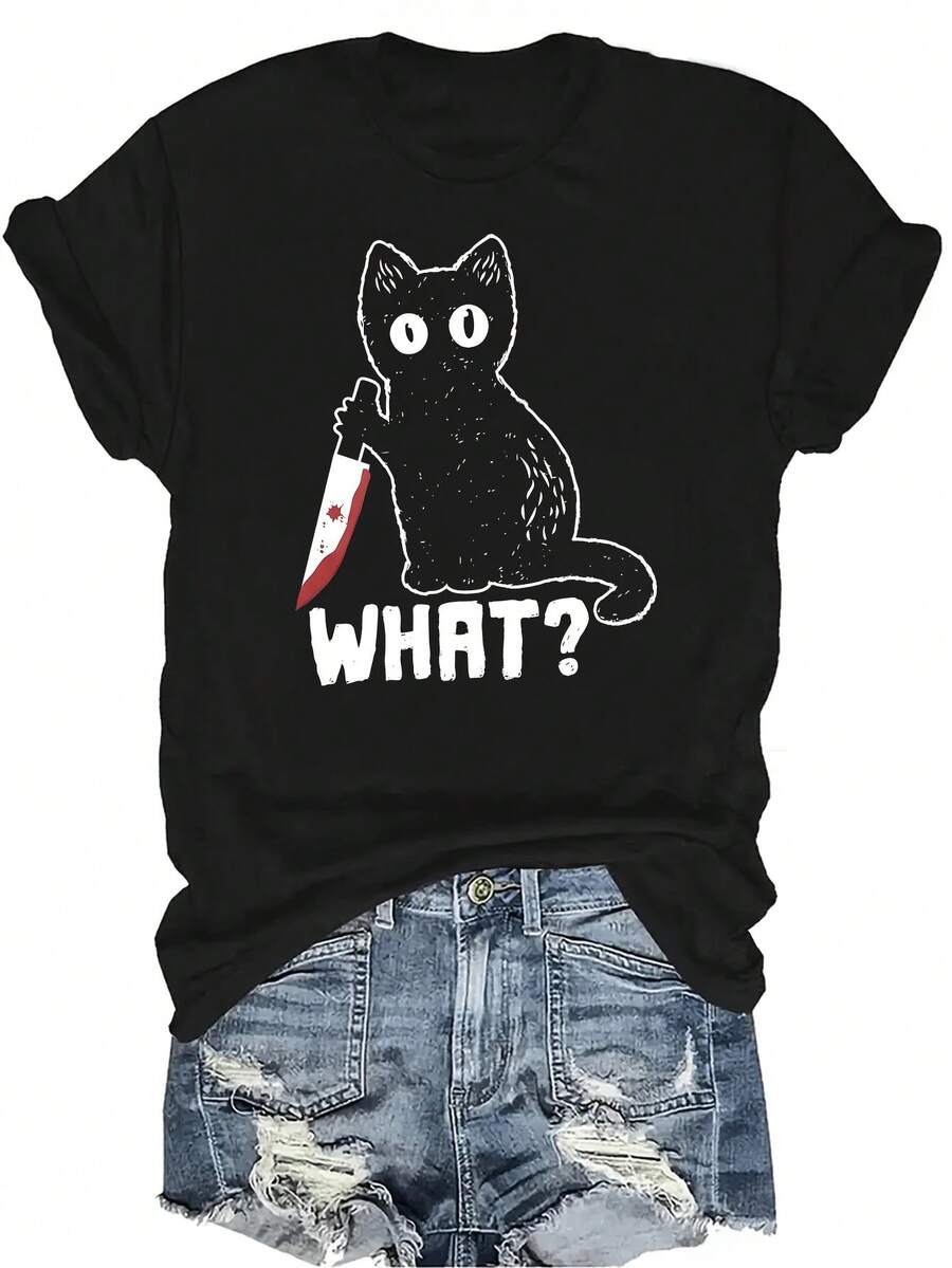 Camiseta divertida de gato negro para mujer y unisex, de verano, casual, transpirable, con personalidad, cuello redondo, manga corta, ropa de calle, versátil, adecuada para adolescentes y adultos - Negro - Ver 1