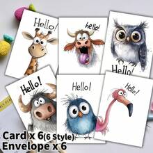 12pcs, Funny Wildlife Greetings Greeting Cards With Envelopes | Cartoon Animal Greeting Cards, Assorted Funny Wildlife Designs, For Birthday, Thank You Gift, Congratulations Gifts, Halloween, Thanksgiving, School Supplies,Back To School - 12pcs(Envelope X 6 + Card X 6) - View 6