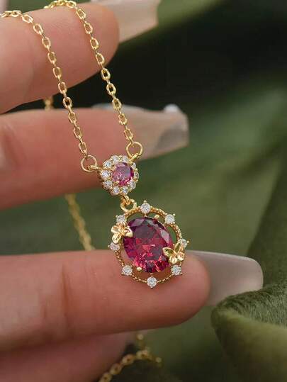 1pc S925 Silver Cubic Zirconia Inlaid Vintage Red Gemstone Butterfly Pendant Necklace, Elegant & Sophisticated Jewelry For Women To Wear To Parties And Banquets