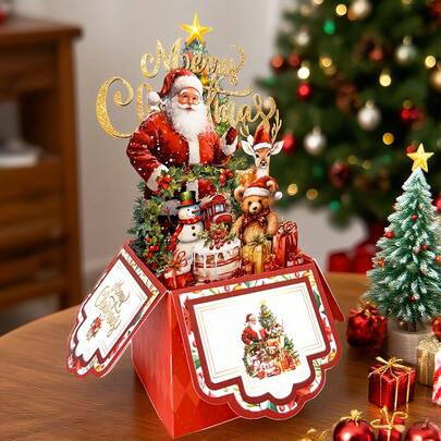 Tarjeta de felicitación navideña 3D con diseño vintage de 4 capas de Papá Noel, renos y árbol de Navidad - Tarjeta de papel rojo para fiestas navideñas con familiares y amigos, invitaciones y decoración del hogar para Navidad y decoración de invierno